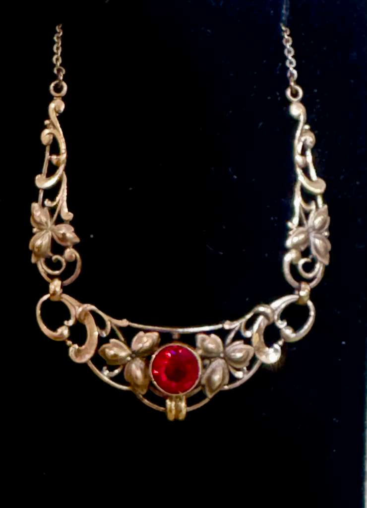 Art Nouveau Gold Filled Necklace with bark red art glass