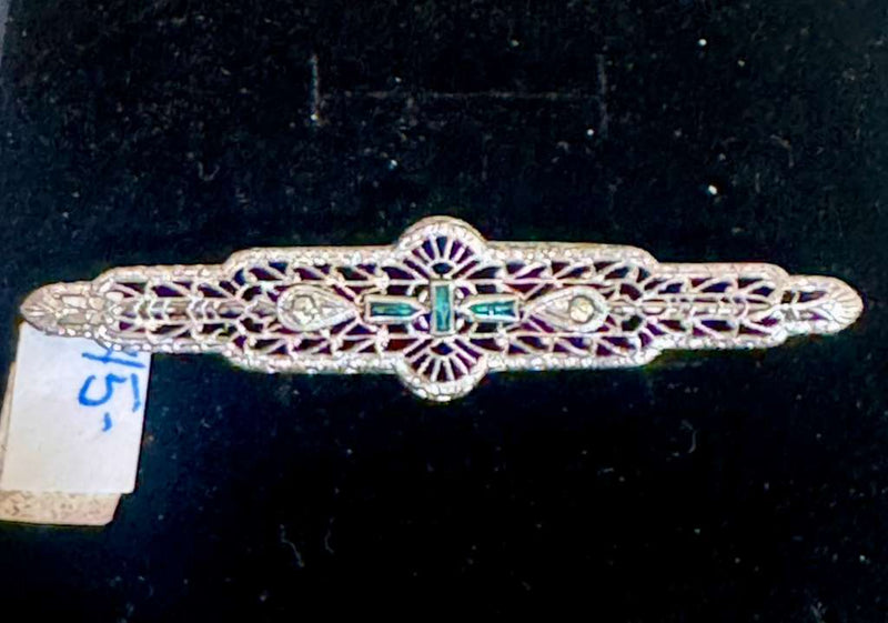 Sterling silver Art Deco bar pin with faux emerald