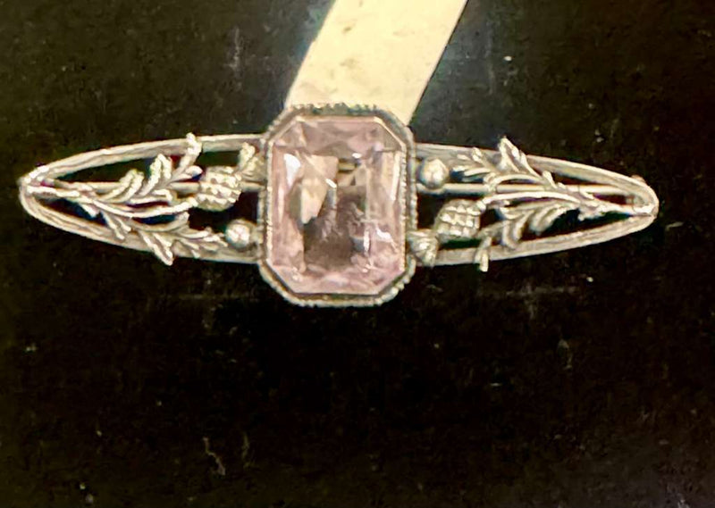 Art Deco sterling silver bar brooch with light purple glass paste stone