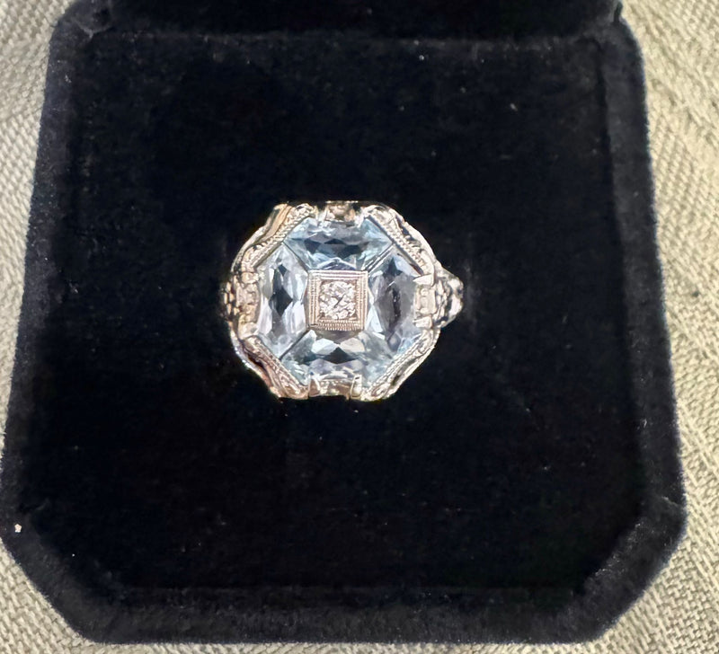 14K aqua filigree Diamond ring