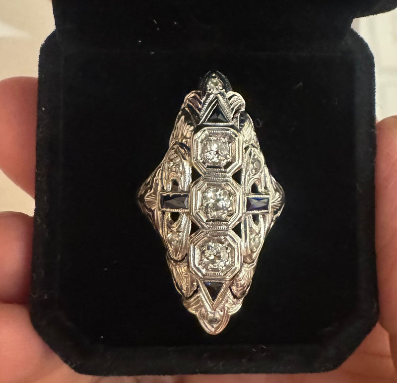 Plat Long diamond filigree/Sapp Ring