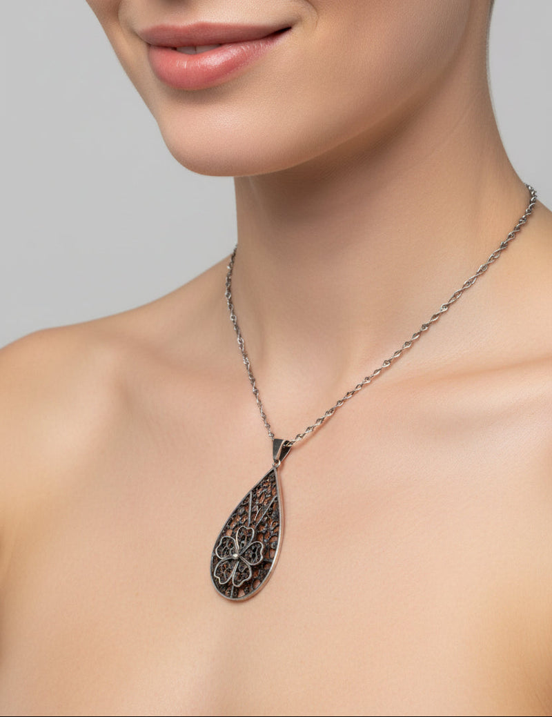 SS Teardrop Filigree Necklace