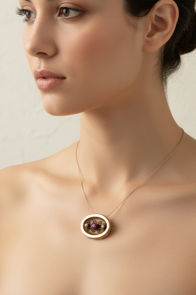 14KY Victorian Pin w/ Ruby & Seed Pearl