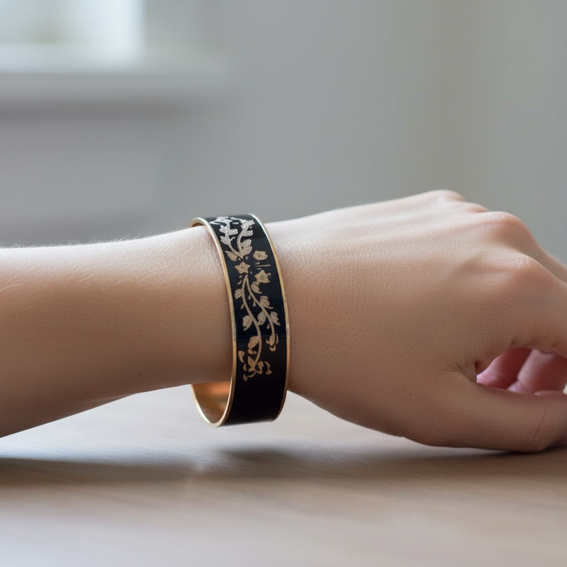 Victorian Bangle Black & Flowers