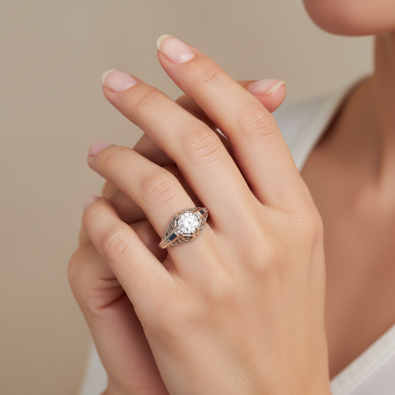18K Deco filigree 0.91 diamond ring with sapphire