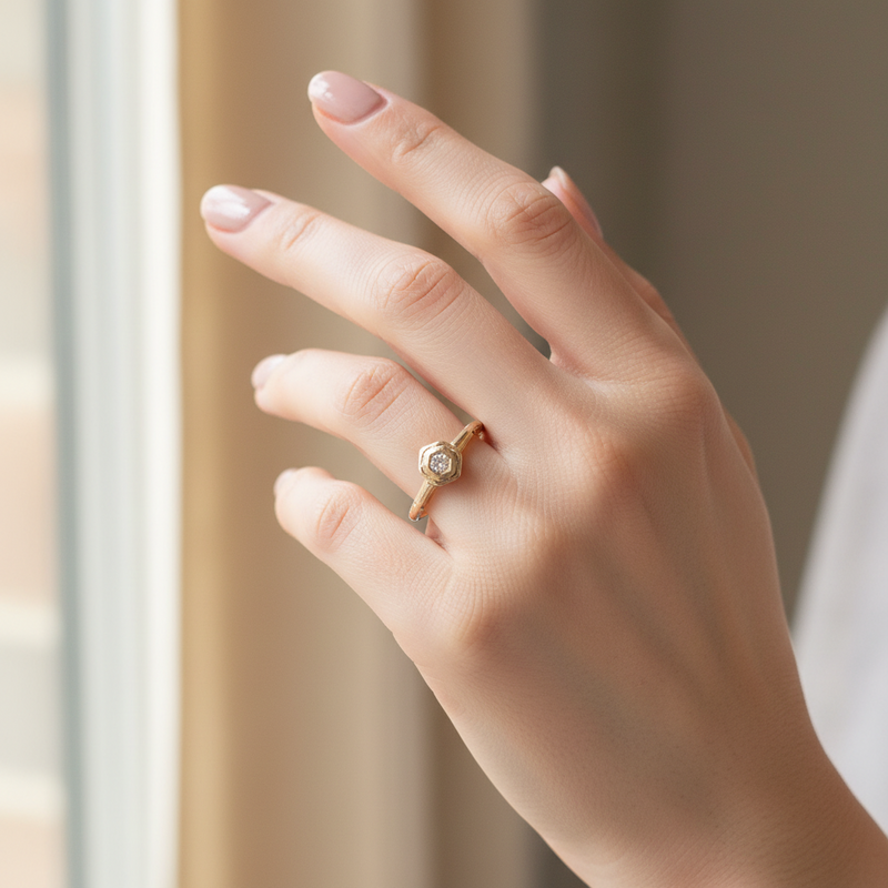 18K Deco filligree solitaire dia ring