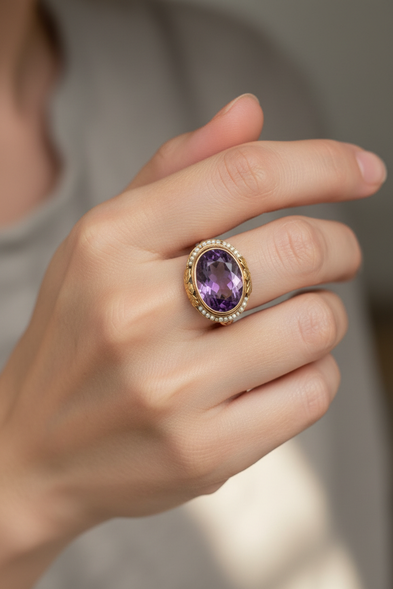 Deco Amethyst and seed pearl Filigree ring