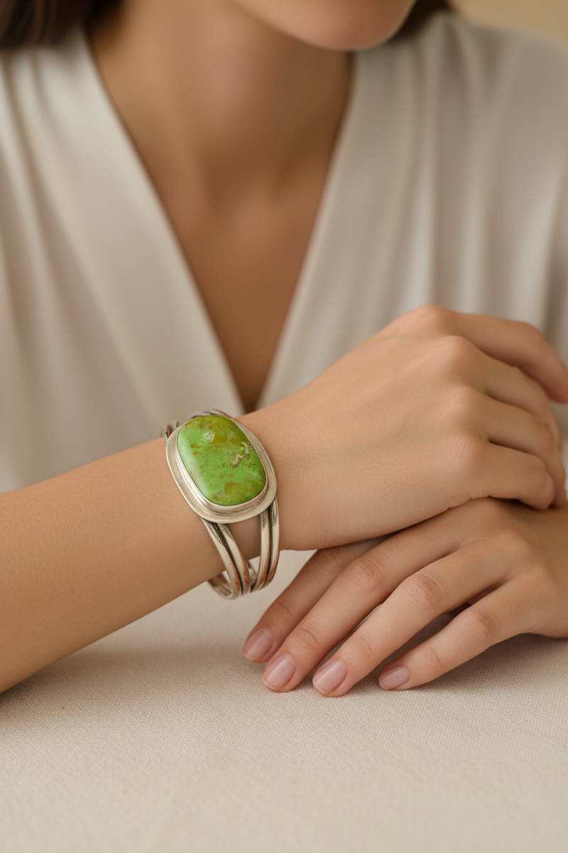 SS Ronald Tom stone green stone cuff