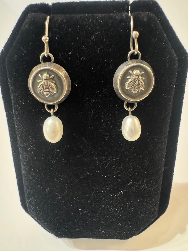 SS artisan made bee earrings with pearl
