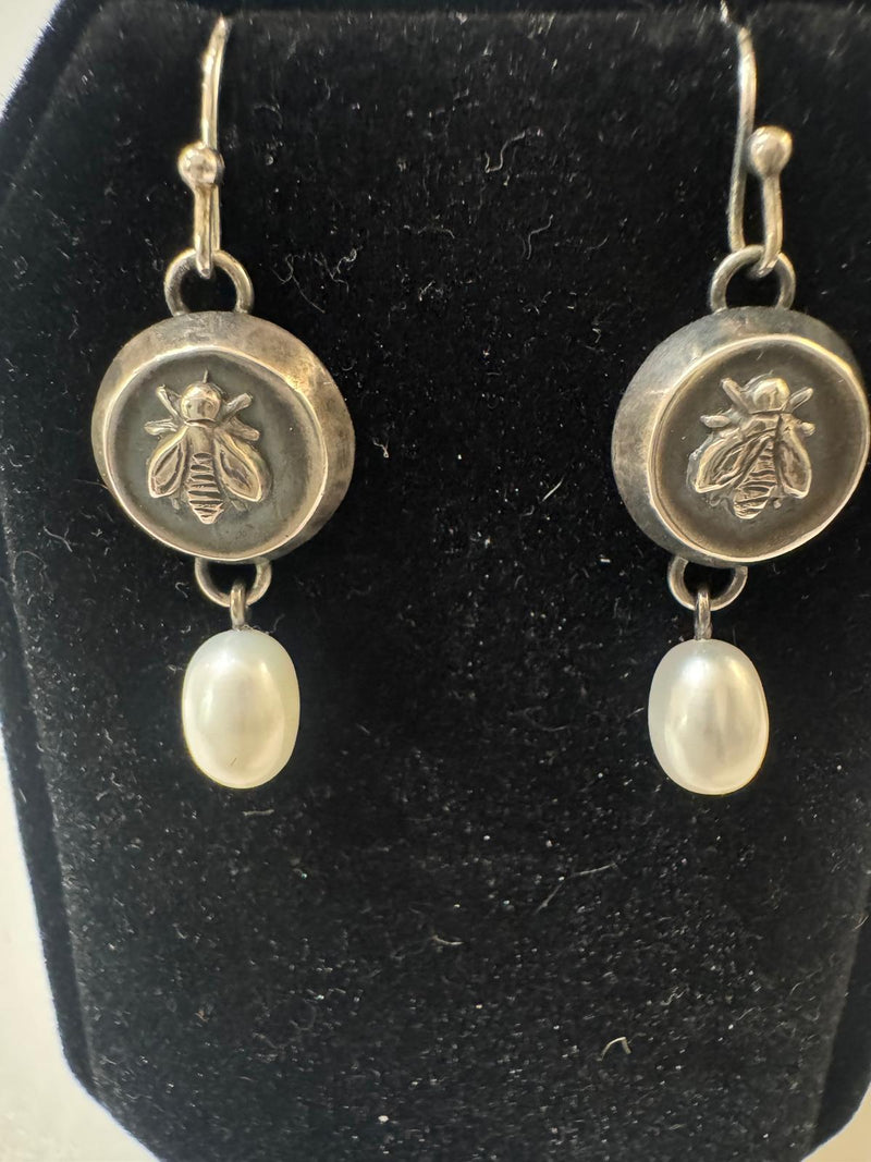 SS artisan made bee earrings with pearl