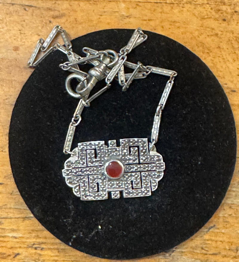 SS Deco Watch Chain w/ SS Mark & Carnelian Pend