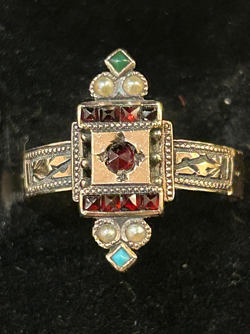 14K VCT Garnet, Turq and PRL Ring