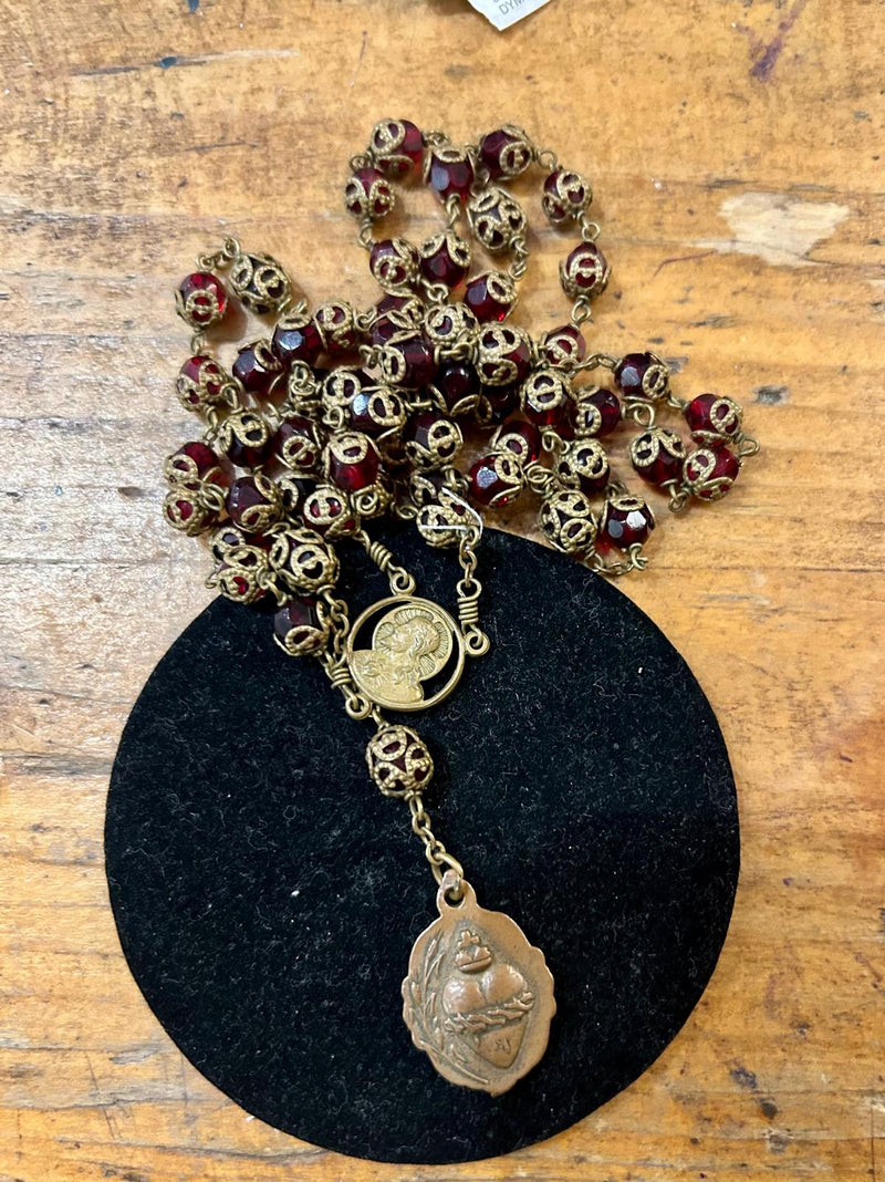 Vintage Rosary with Red Beads/brass