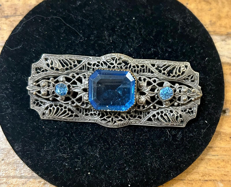 Art Deco Filigree Brooch with 3 blue paste stones