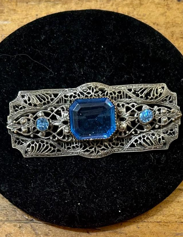 Art Deco Filigree Brooch with 3 blue paste stones