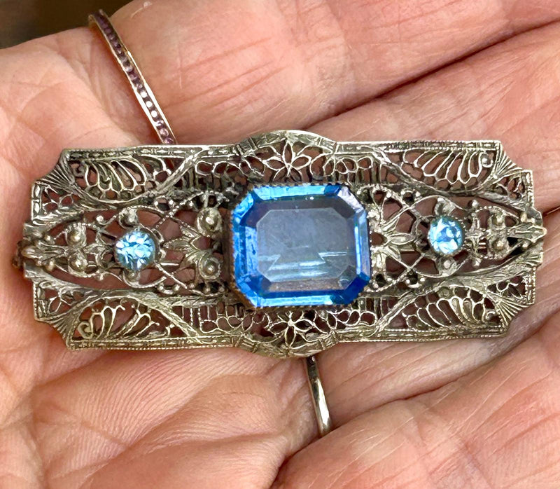 Art Deco Filigree Brooch with 3 blue paste stones