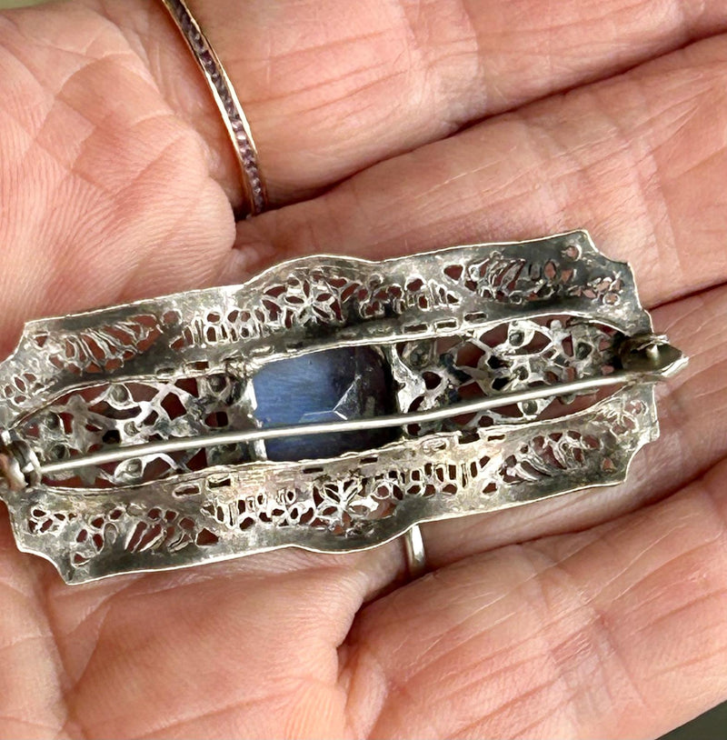 Art Deco Filigree Brooch with 3 blue paste stones