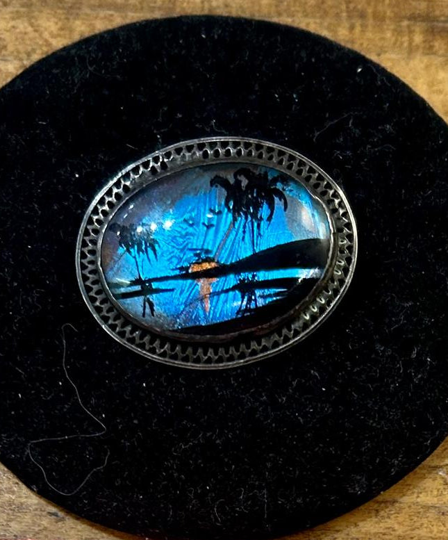 Vintage Sterling Silver Filigree hand painted tropical scenery on a butterfly wing brooch