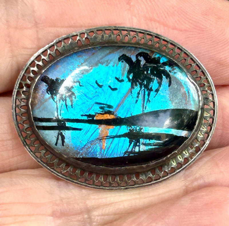 Vintage Sterling Silver Filigree hand painted tropical scenery on a butterfly wing brooch