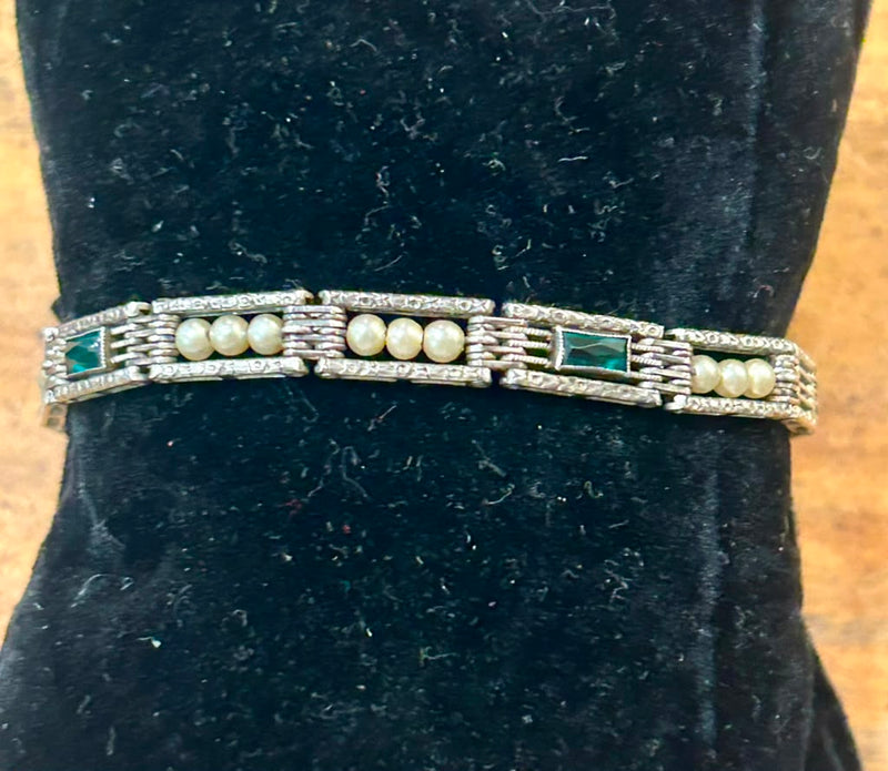 Art Deco Sterling Silver Bracelet with Faux Pearls & Green Paste Stone
