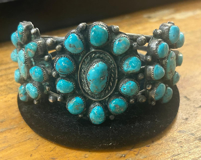 1940's sterling silver Navajo turquoise cluster cuff 5 inch with 1 1/4 inch opening
