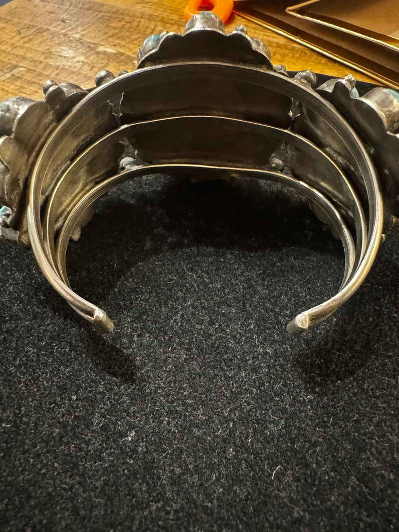 1940's sterling silver Navajo turquoise cluster cuff 5 inch with 1 1/4 inch opening
