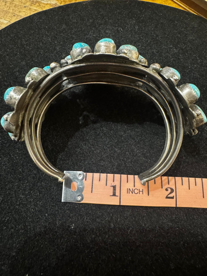 1940's sterling silver Navajo turquoise cluster cuff 5 inch with 1 1/4 inch opening