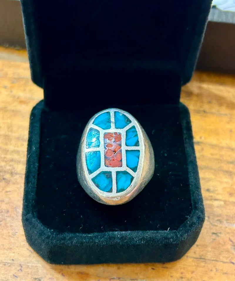 Vintage Sterling Silver Navajo Crushed Coral & Turquoise Size 7