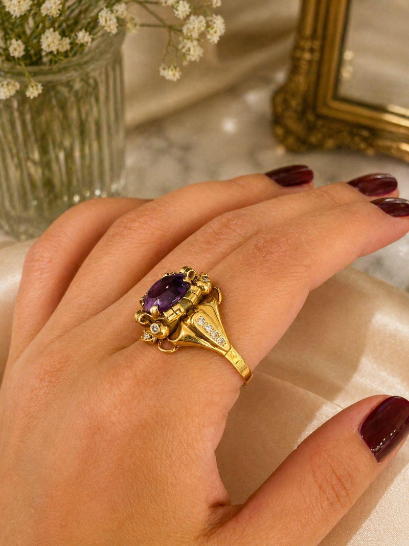 18k yellow gold Amethyst and diamond, ring size 7 1/2