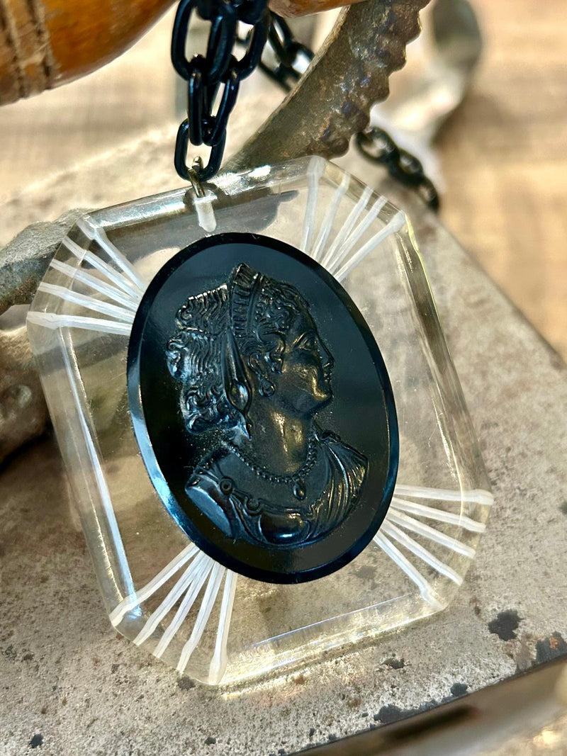 Vintage lucite cameo necklace 2 1/4” x 2 1/2” on a lucite link chain 22”