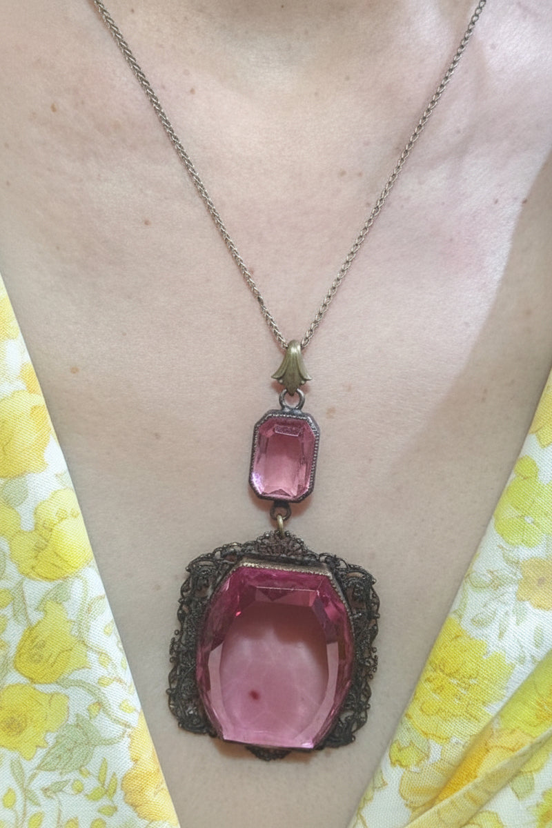 Large Pink Glass Pendant Necklace 17”