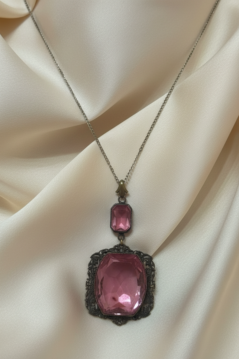 Large Pink Glass Pendant Necklace 17”