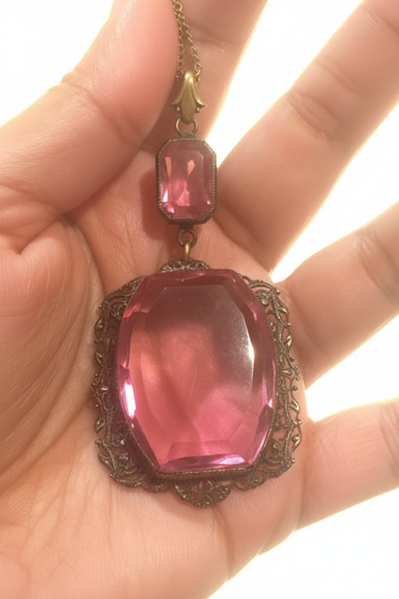 Large Pink Glass Pendant Necklace 17”