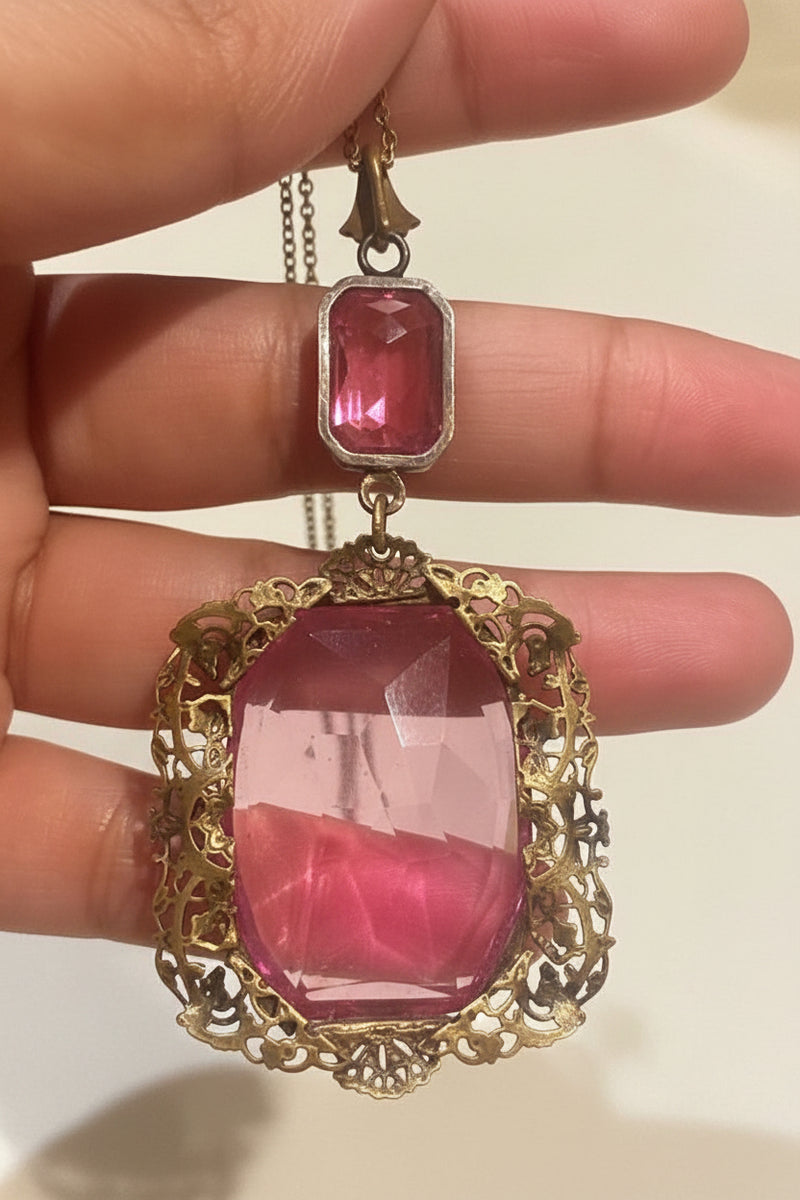 Large Pink Glass Pendant Necklace 17”