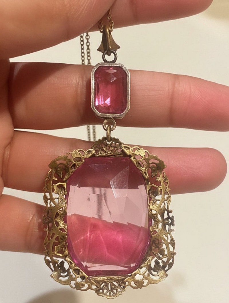 Large Pink Glass Pendant Necklace 17”