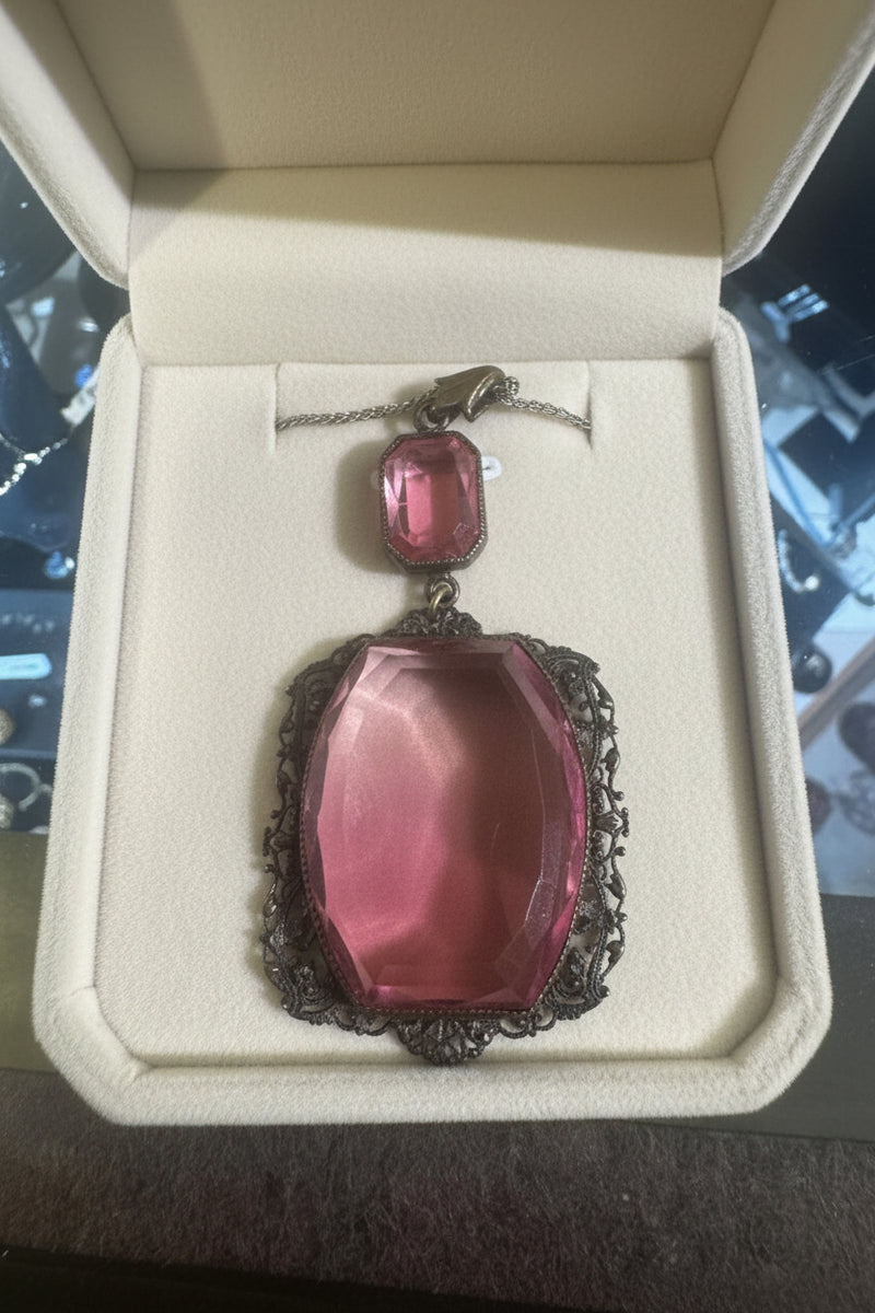 Large Pink Glass Pendant Necklace 17”