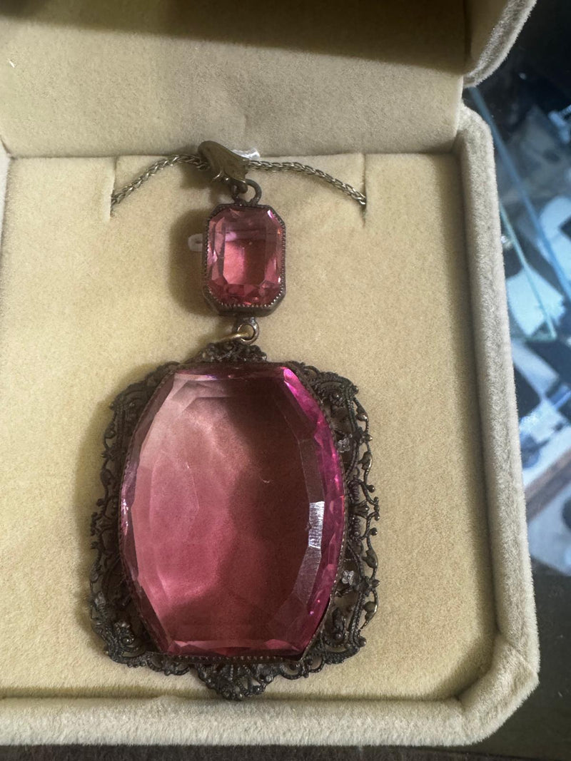 Large Pink Glass Pendant Necklace 17”