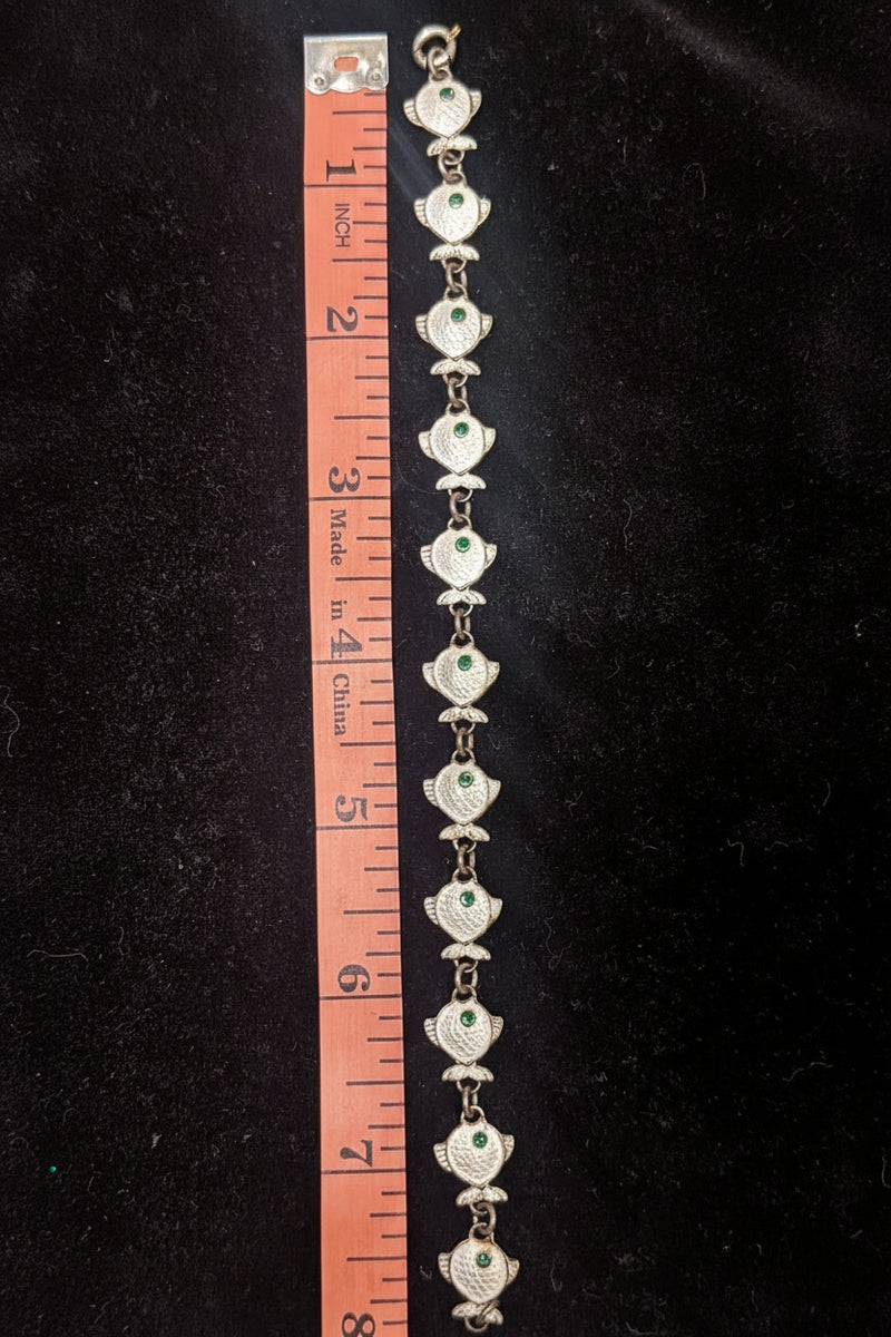Vintage Christgau Denmark Sterling Silver Enamel Fish Bracelet – Blue & Green Eye Fish Link Bracelet | 8” Long