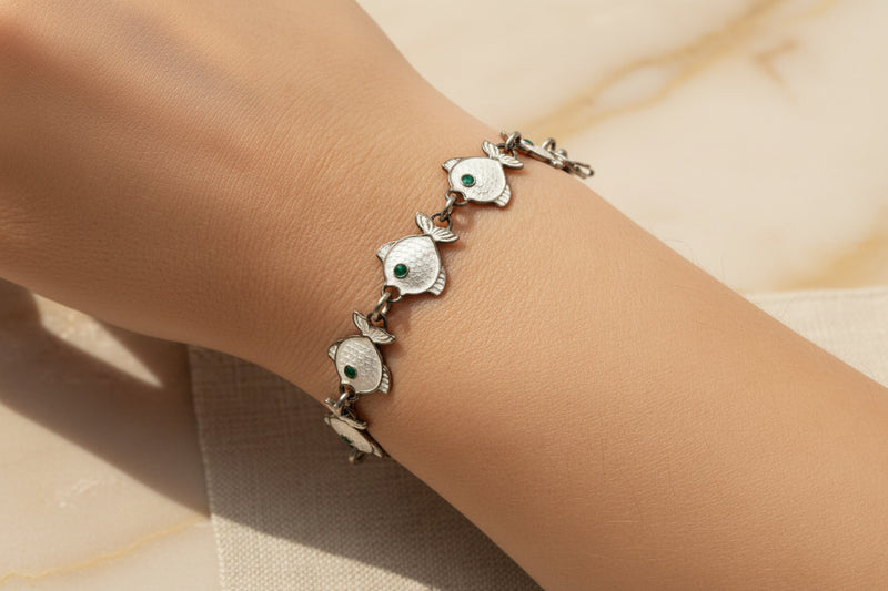 Vintage Christgau Denmark Sterling Silver Enamel Fish Bracelet – Blue & Green Eye Fish Link Bracelet | 8” Long