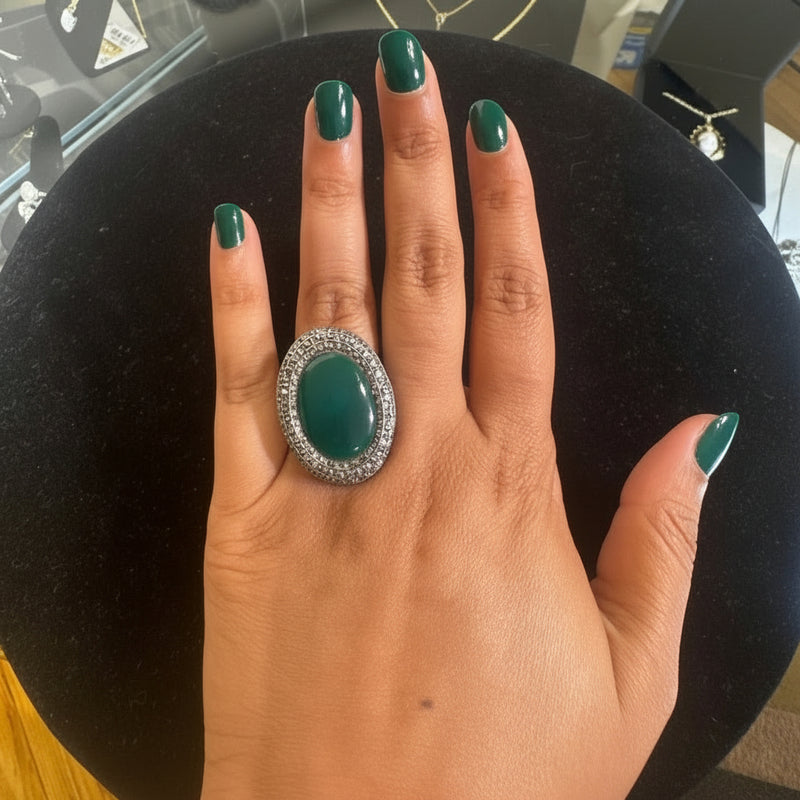 Art Deco Green Onyx & Marcasite Ring – Vintage Sterling Silver Statement Ring | Size 6.5