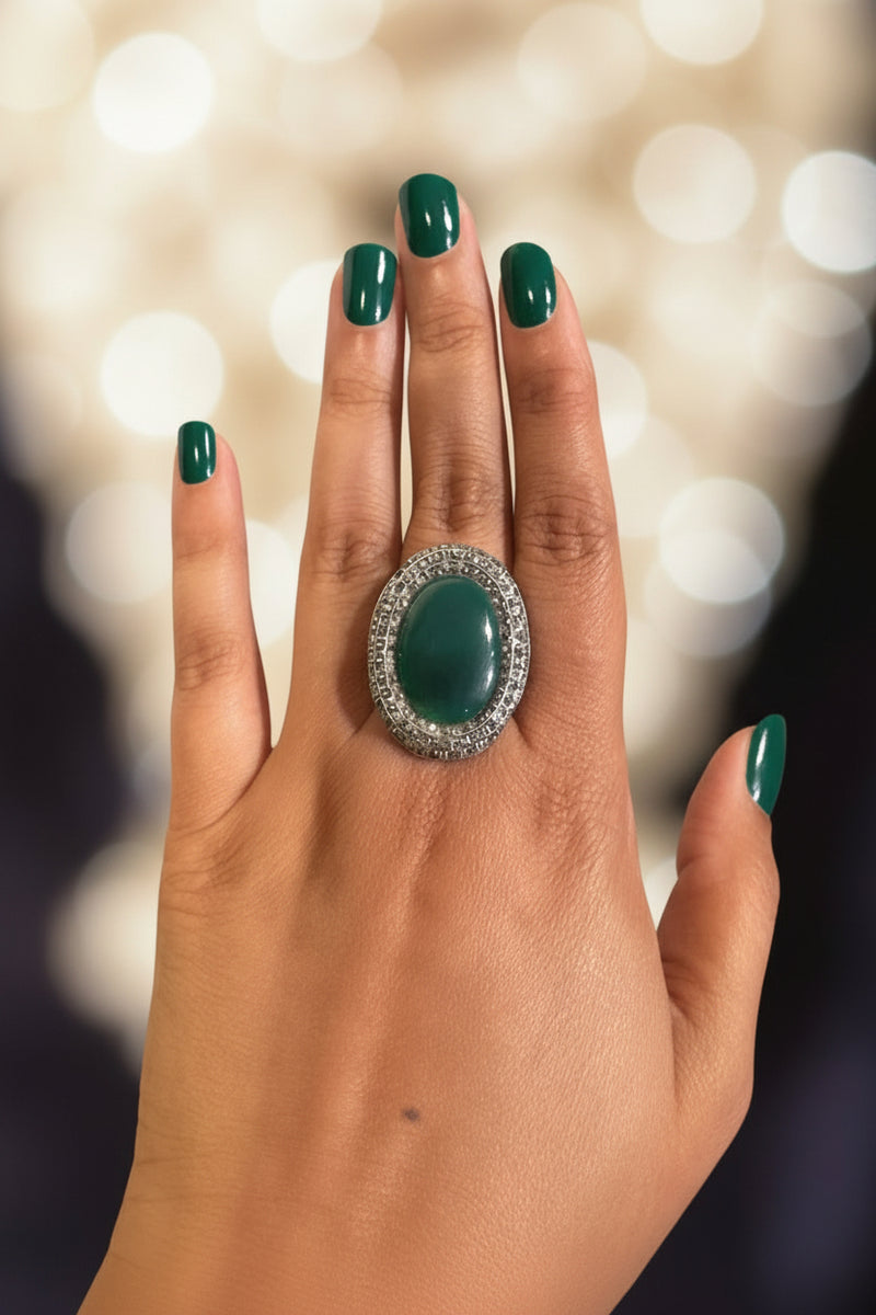 Art Deco Green Onyx & Marcasite Ring – Vintage Sterling Silver Statement Ring | Size 6.5