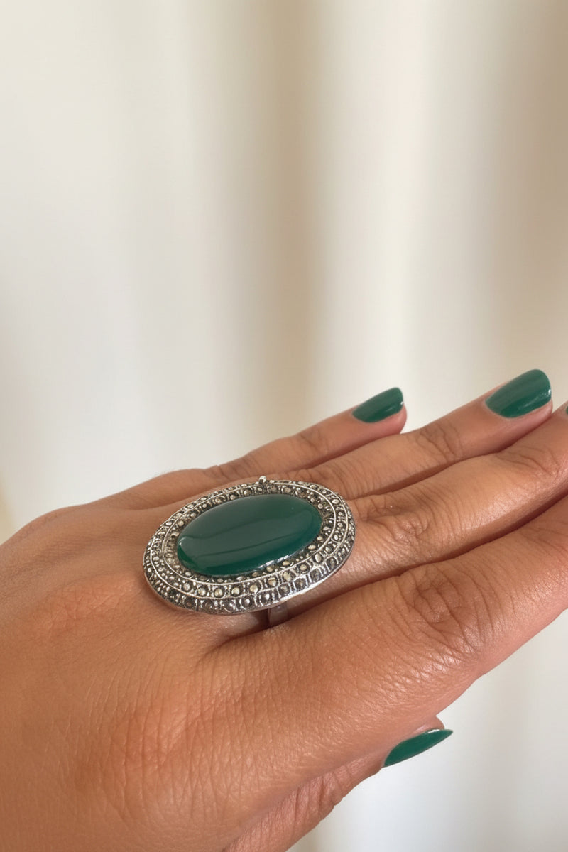 Art Deco Green Onyx & Marcasite Ring – Vintage Sterling Silver Statement Ring | Size 6.5