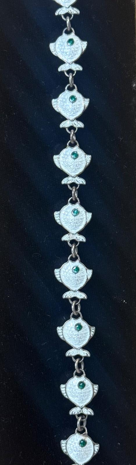 Vintage Christgau Denmark Sterling Silver Enamel Fish Bracelet – Blue & Green Eye Fish Link Bracelet | 8” Long