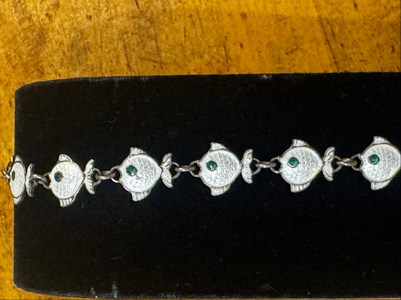 Vintage Christgau Denmark Sterling Silver Enamel Fish Bracelet – Blue & Green Eye Fish Link Bracelet | 8” Long