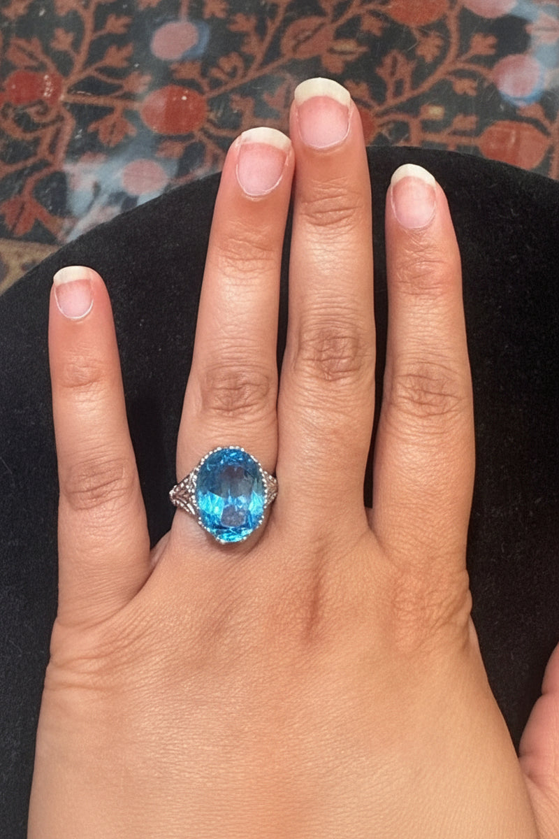 Sterling Silver Oval Blue Topaz Ring – Vintage Filigree Statement Ring, size 6
