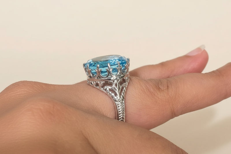 Sterling Silver Oval Blue Topaz Ring – Vintage Filigree Statement Ring, size 6
