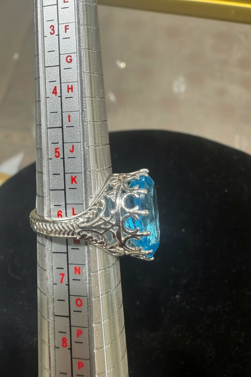 Sterling Silver Oval Blue Topaz Ring – Vintage Filigree Statement Ring, size 6