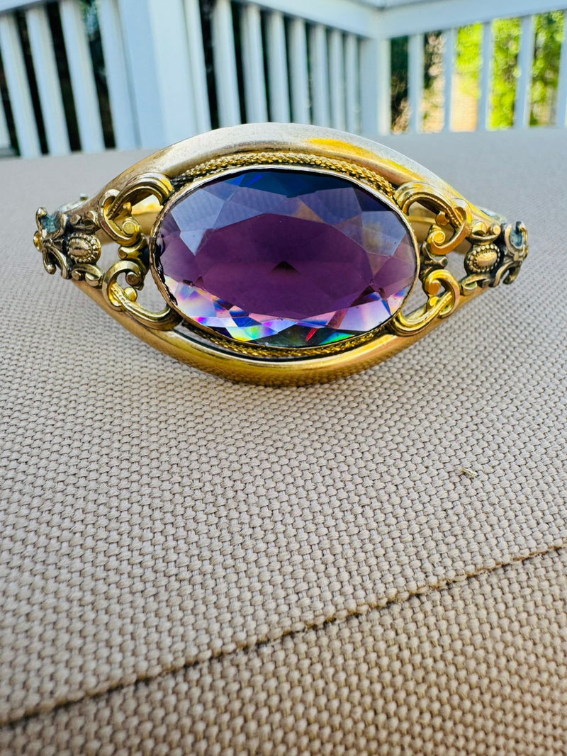 Victorian Gold Filled Bangle with Purple Stone – Antique Hinged Bracelet | Estate Jewelry | Romantic Vintage Style
