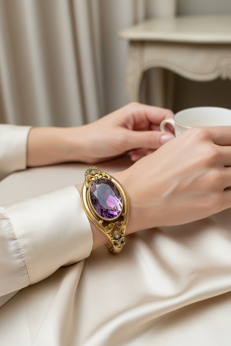 Victorian Gold Filled Bangle with Purple Stone – Antique Hinged Bracelet | Estate Jewelry | Romantic Vintage Style
