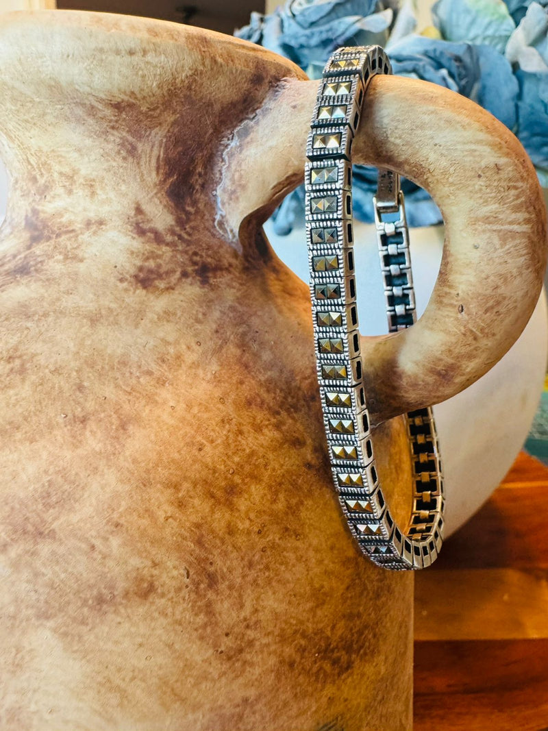 Art Deco Sterling Silver & Paste Bracelet – Vintage Marcasite Style Bracelet | Estate Jewelry | Geometric Deco Design